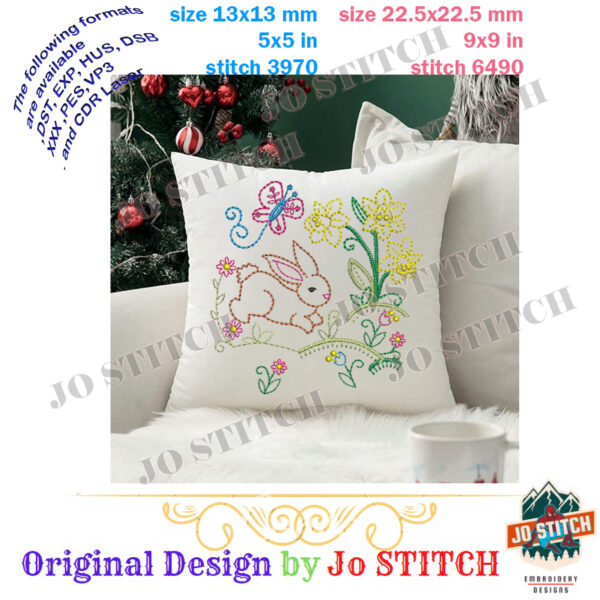 Rabbit in the middle of flowers embroidery