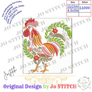 Colorful Rooster Embroidery Design Download - Farmhouse Floral Pattern