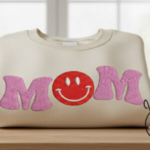 Mom Smiley Face Embroidery Design - Retro Groovy Mother's Day Digital File