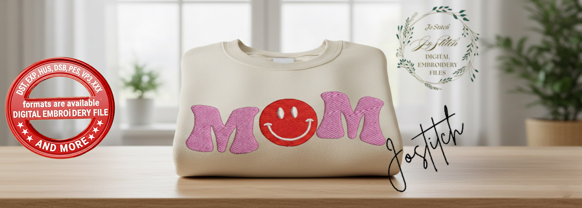 Mom Smiley Face Embroidery Design - Retro Groovy Mother's Day Digital File