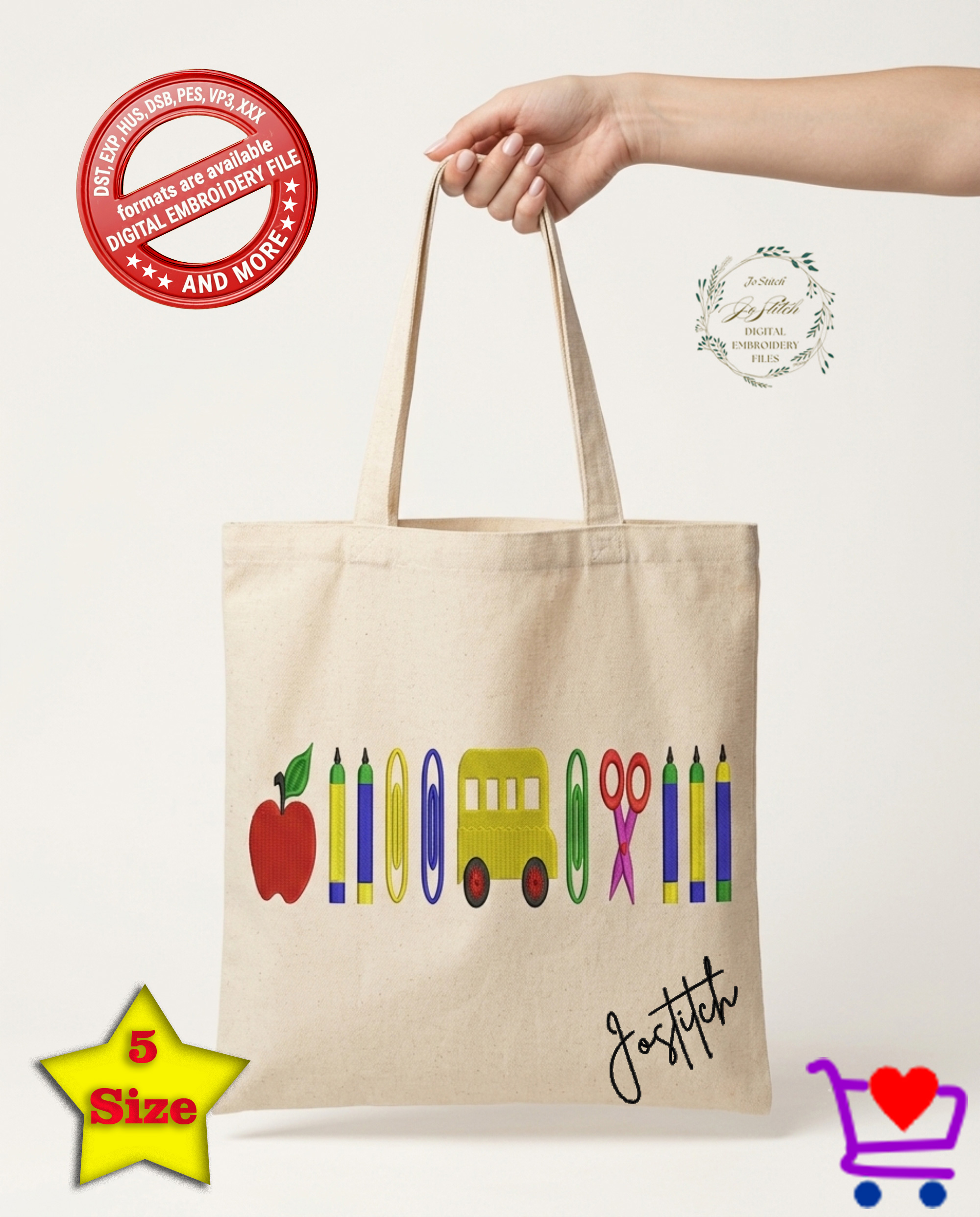 School Supplies Embroidery | Apple, School Bus, Scissors, Paper Clip, Pencil Embroidery Files| Back to School Machine Embroidery | Download - Image 2