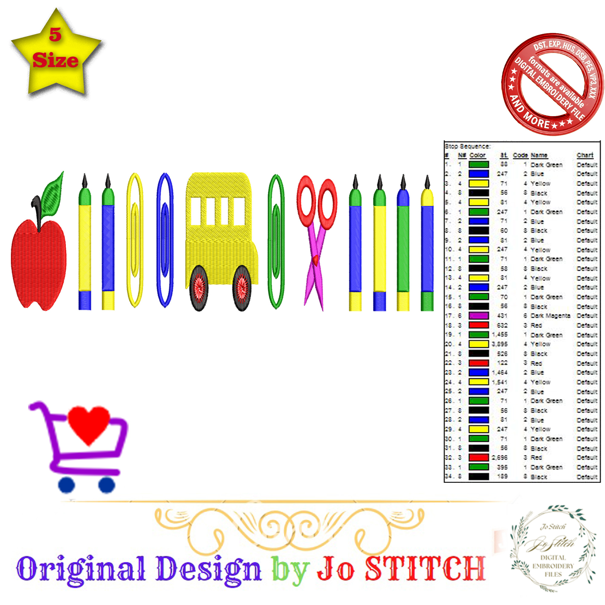 School Supplies Embroidery | Apple, School Bus, Scissors, Paper Clip, Pencil Embroidery Files| Back to School Machine Embroidery | Download - Image 3