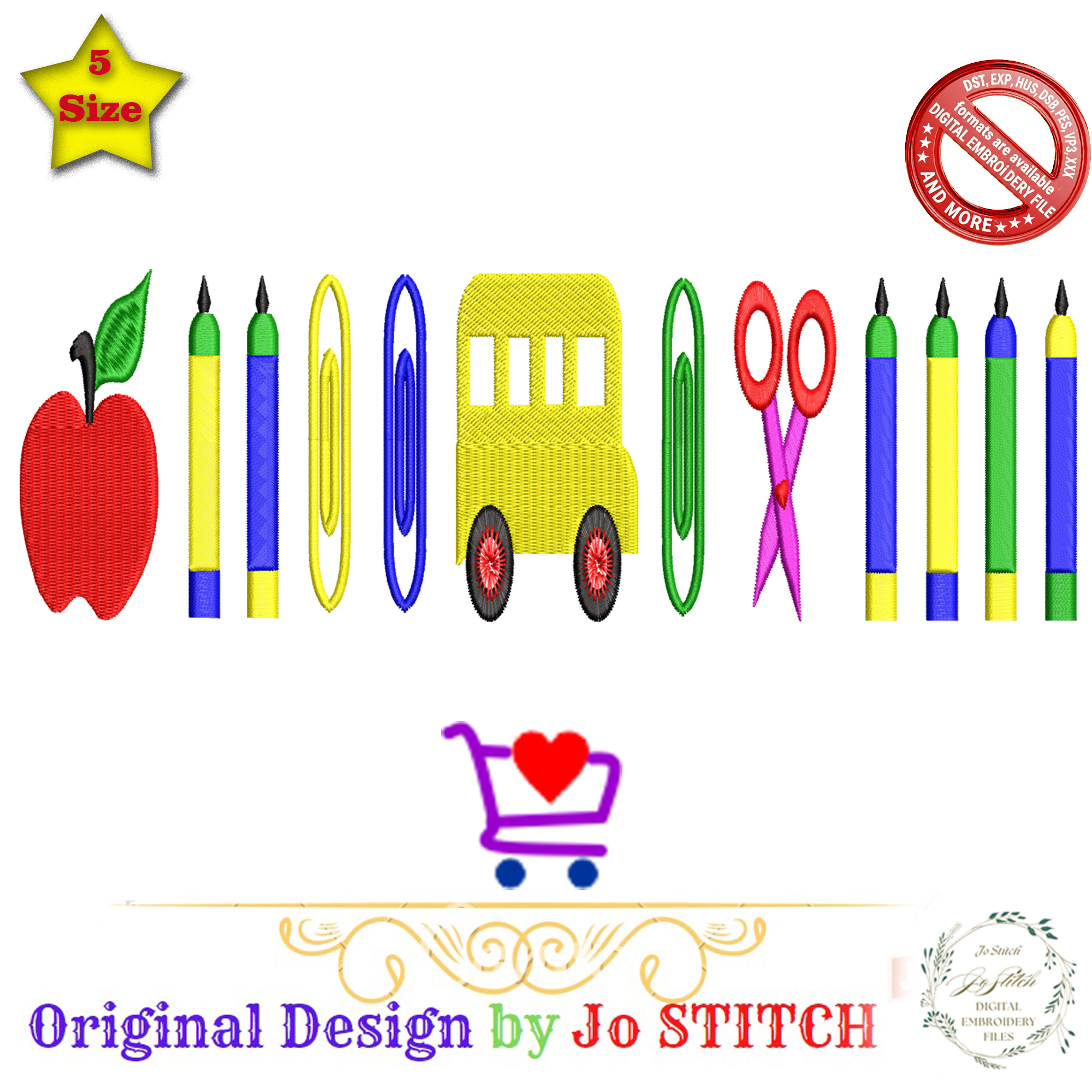 School Supplies Embroidery | Apple, School Bus, Scissors, Paper Clip, Pencil Embroidery Files| Back to School Machine Embroidery | Download - Image 4
