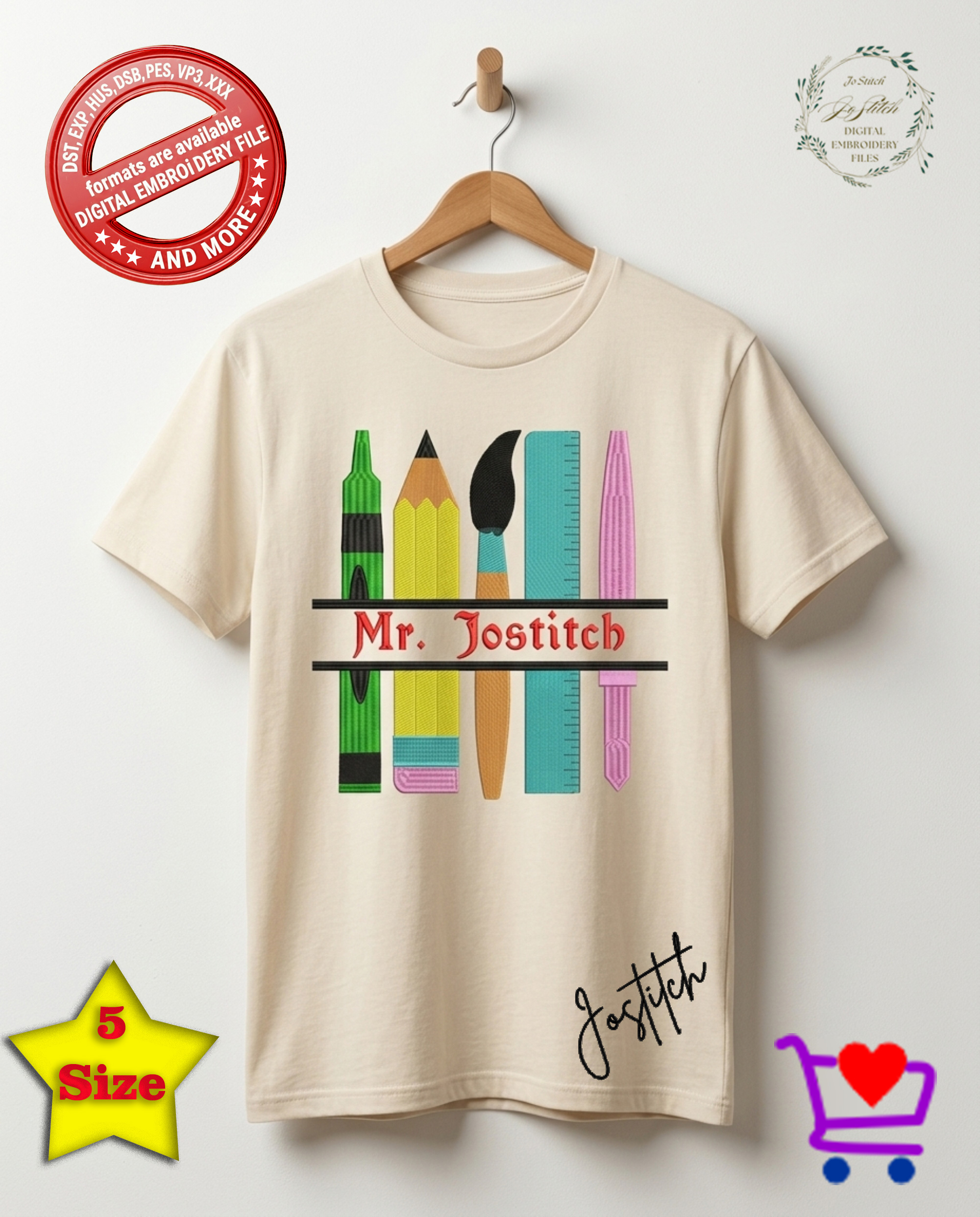 Personalized Teacher Embroidery Design, School Supplies Name Frame, Custom Teacher Name Embroidery, Back to School , Pencil Ruler Brush