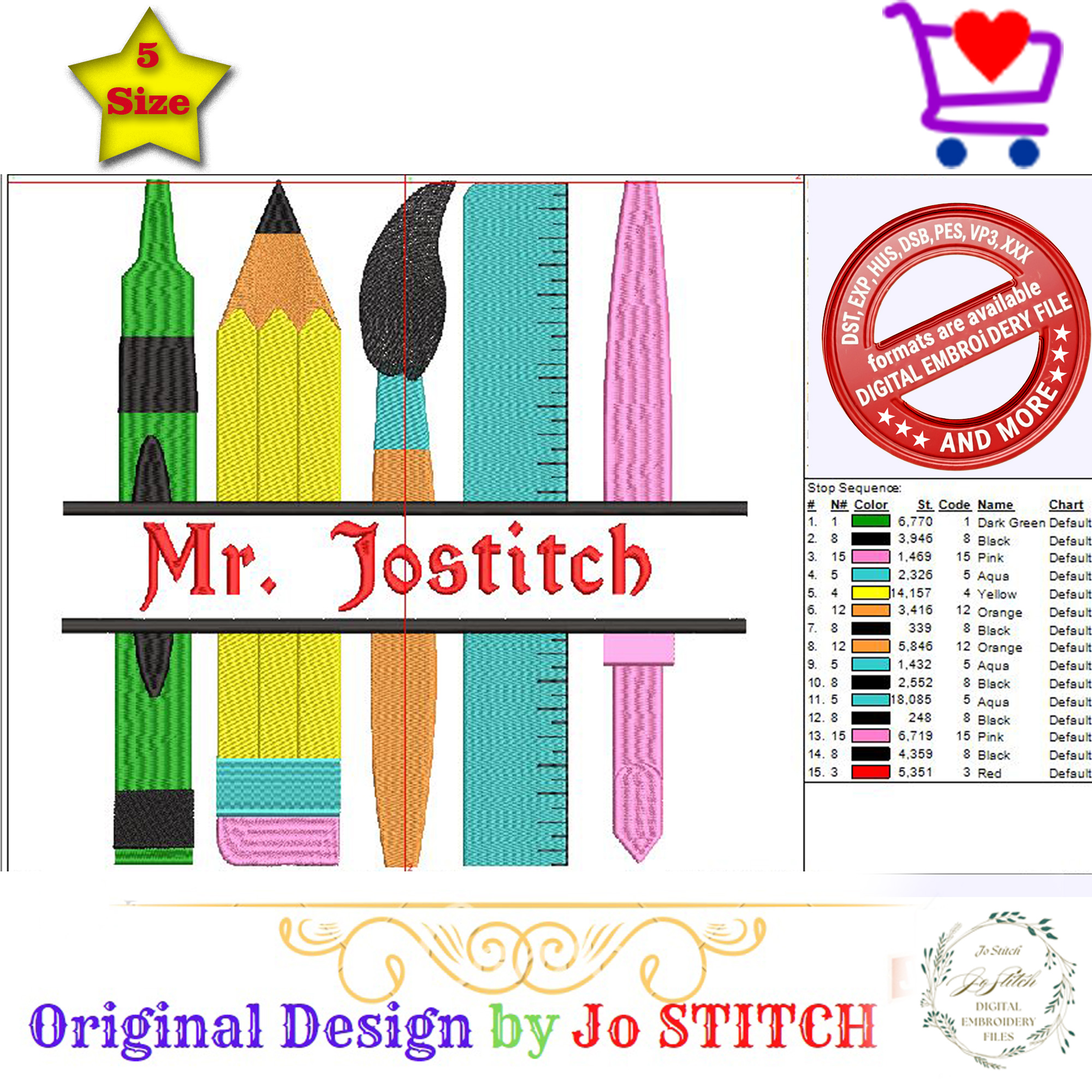 Personalized Teacher Embroidery Design, School Supplies Name Frame, Custom Teacher Name Embroidery, Back to School , Pencil Ruler Brush - Image 3