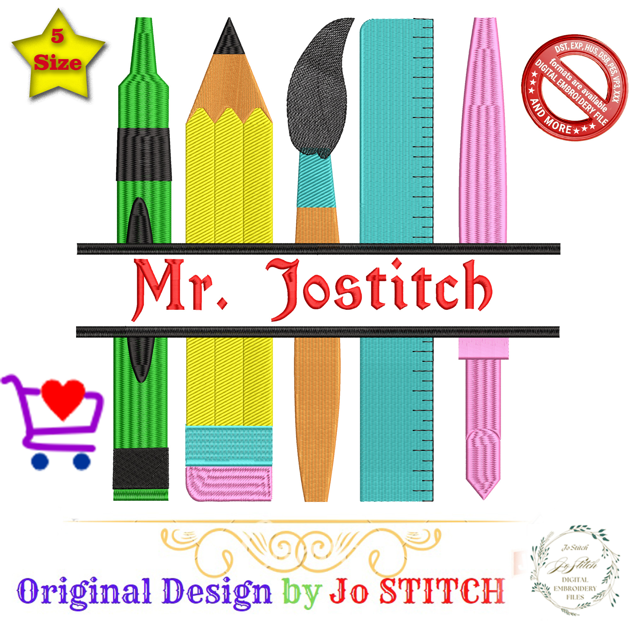 Personalized Teacher Embroidery Design, School Supplies Name Frame, Custom Teacher Name Embroidery, Back to School , Pencil Ruler Brush - Image 5
