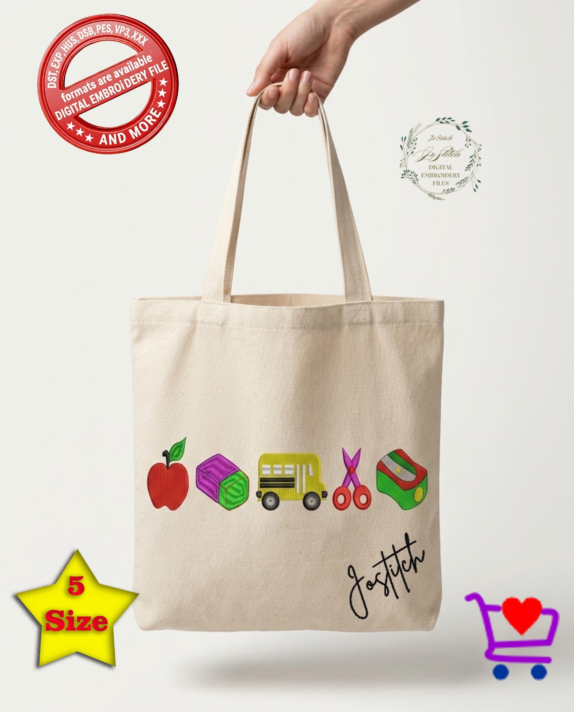 School Embroidery Design Bundle | Apple, School Bus, Scissors & Sharpener| Back to School Machine Embroidery Files | PES dst EXP jef VP3 HUS