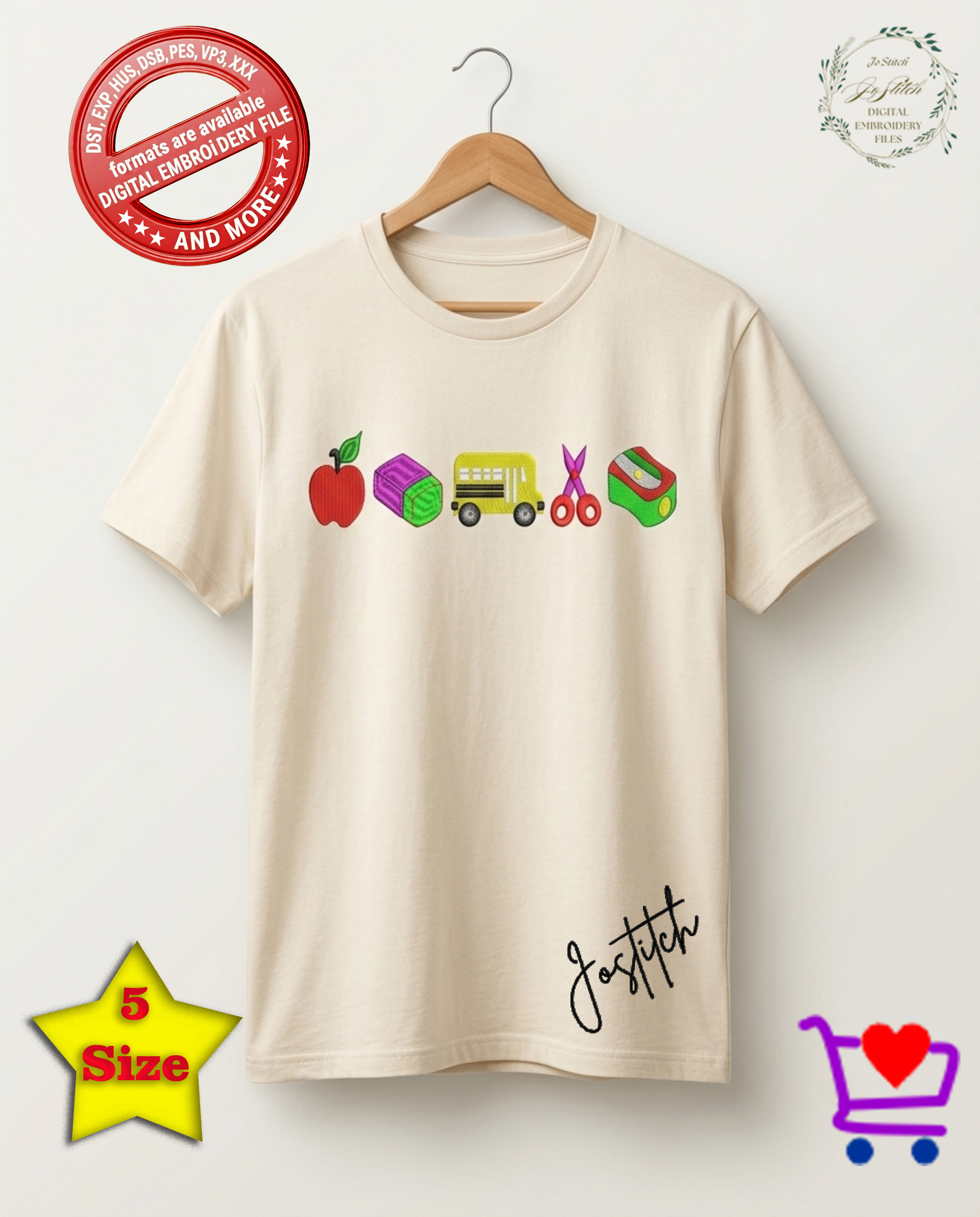 School Embroidery Design Bundle | Apple, School Bus, Scissors & Sharpener| Back to School Machine Embroidery Files | PES dst EXP jef VP3 HUS - Image 2