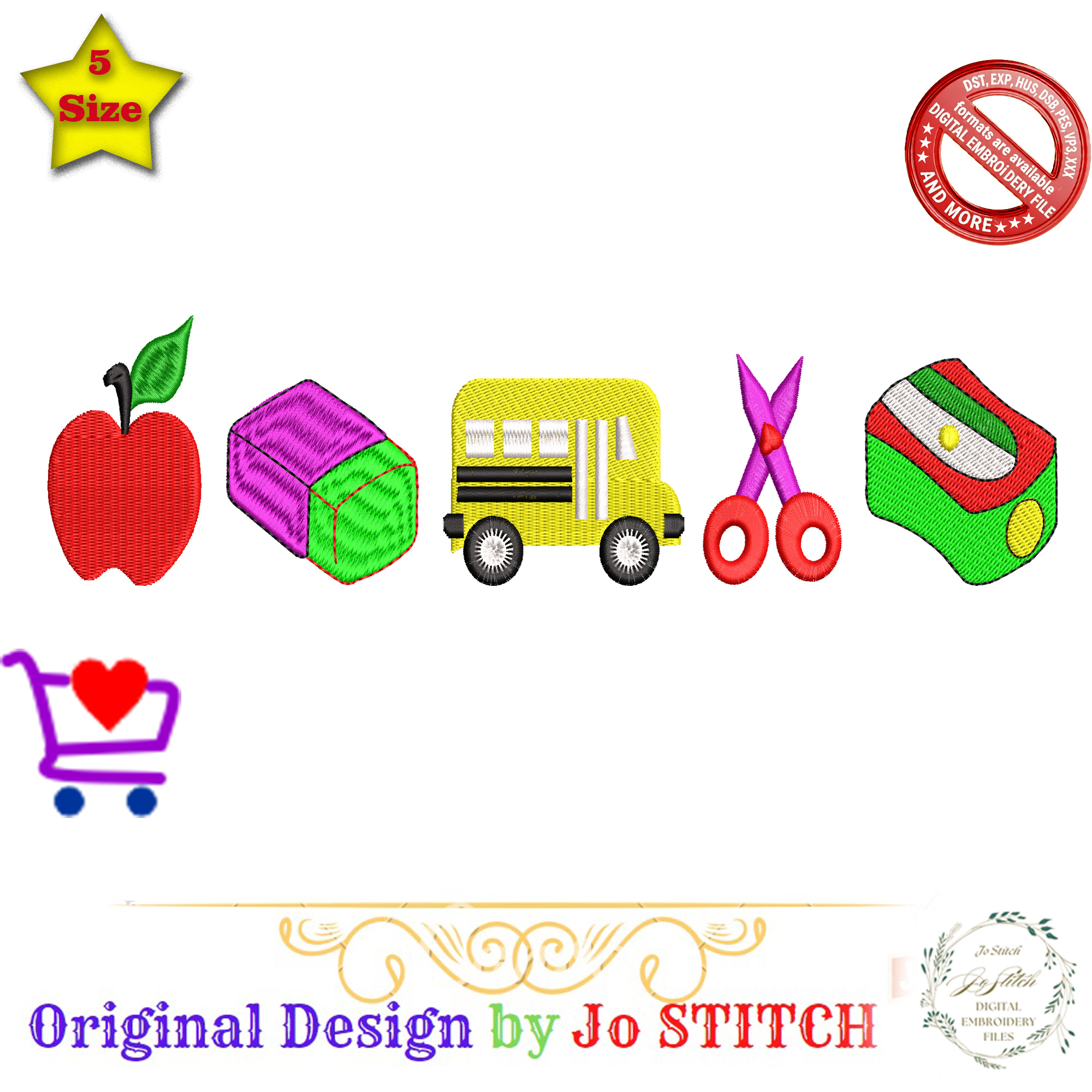 School Embroidery Design Bundle | Apple, School Bus, Scissors & Sharpener| Back to School Machine Embroidery Files | PES dst EXP jef VP3 HUS - Image 3