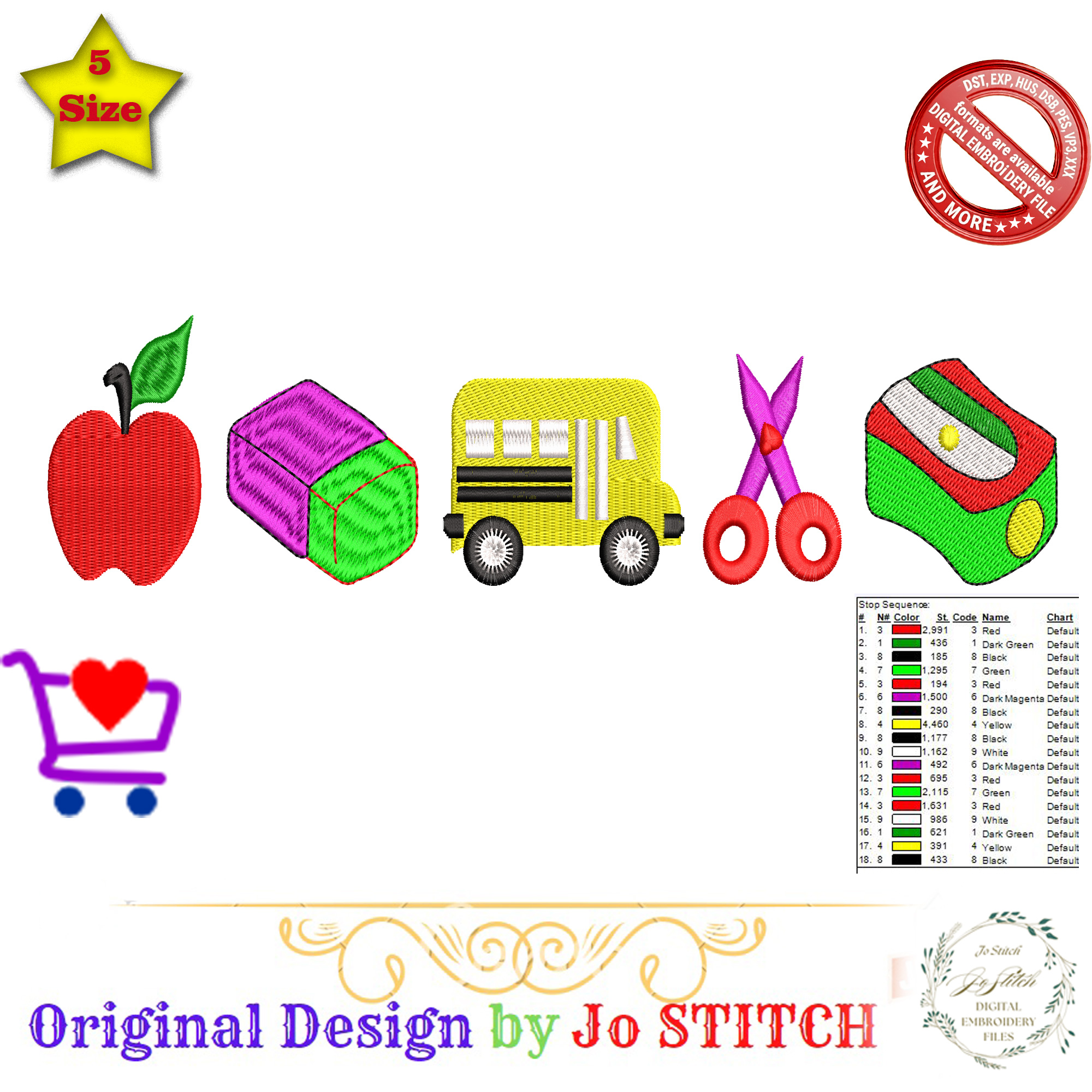 School Embroidery Design Bundle | Apple, School Bus, Scissors & Sharpener| Back to School Machine Embroidery Files | PES dst EXP jef VP3 HUS - Image 5