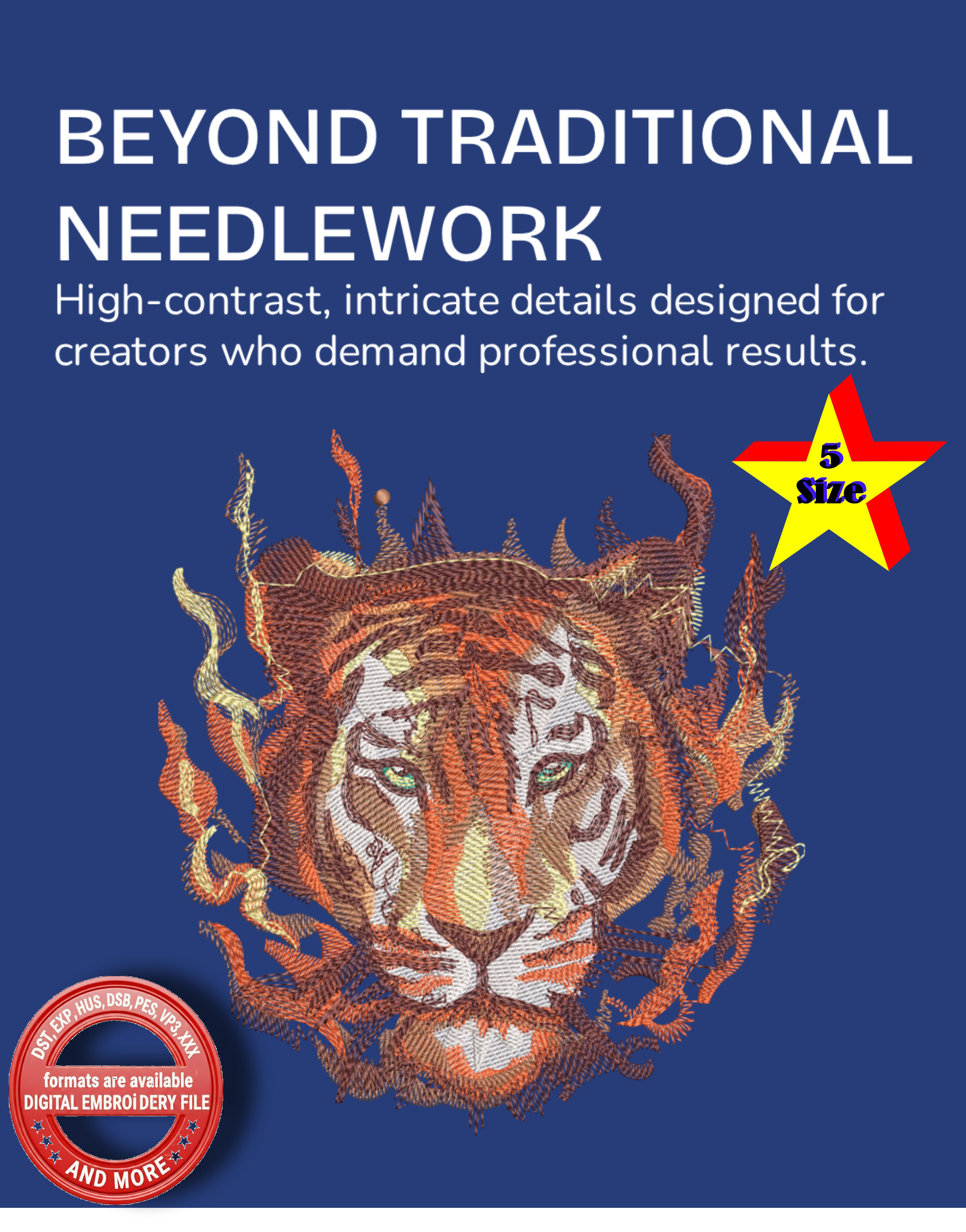 Tiger Embroidery Design | Realistic Tiger Face Machine Embroidery | Wildlife Animal Embroidery | Detailed Tiger Design | 5 Sizes 8 Formats | 7 Colors - Image 4