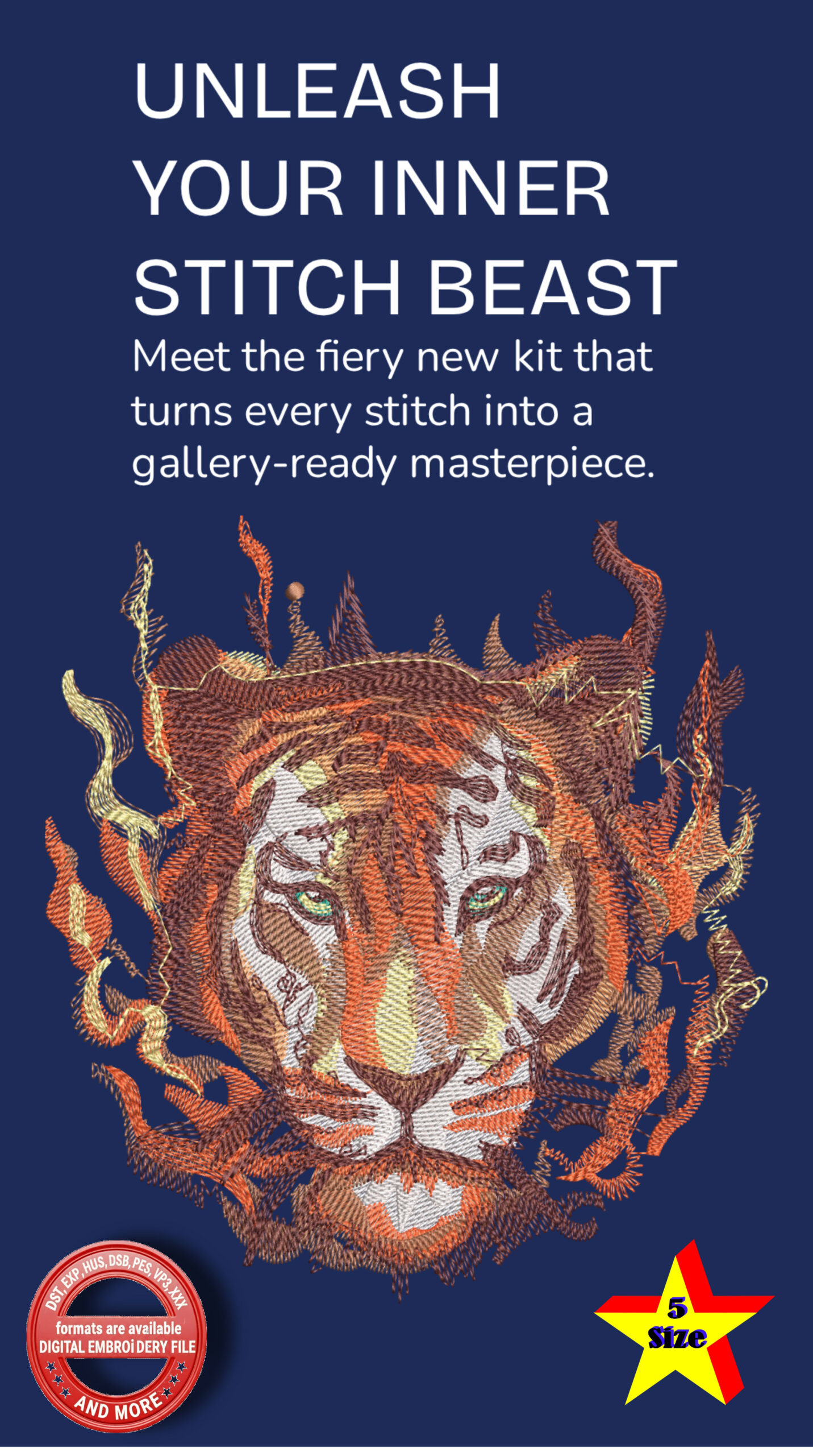 Tiger Embroidery Design | Realistic Tiger Face Machine Embroidery | Wildlife Animal Embroidery | Detailed Tiger Design | 5 Sizes 8 Formats | 7 Colors