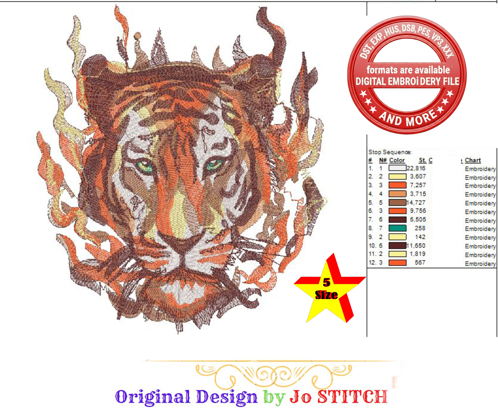 Tiger Embroidery Design | Realistic Tiger Face Machine Embroidery | Wildlife Animal Embroidery | Detailed Tiger Design | 5 Sizes 8 Formats | 7 Colors - Image 6