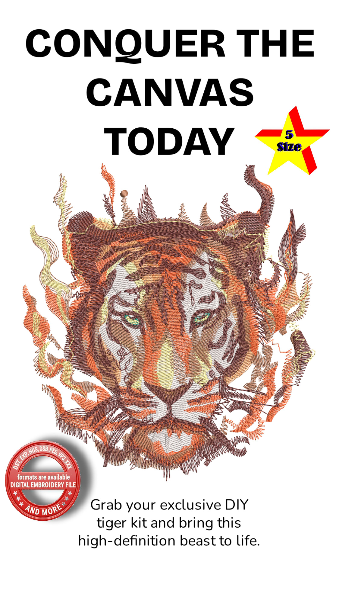 Tiger Embroidery Design | Realistic Tiger Face Machine Embroidery | Wildlife Animal Embroidery | Detailed Tiger Design | 5 Sizes 8 Formats | 7 Colors - Image 8