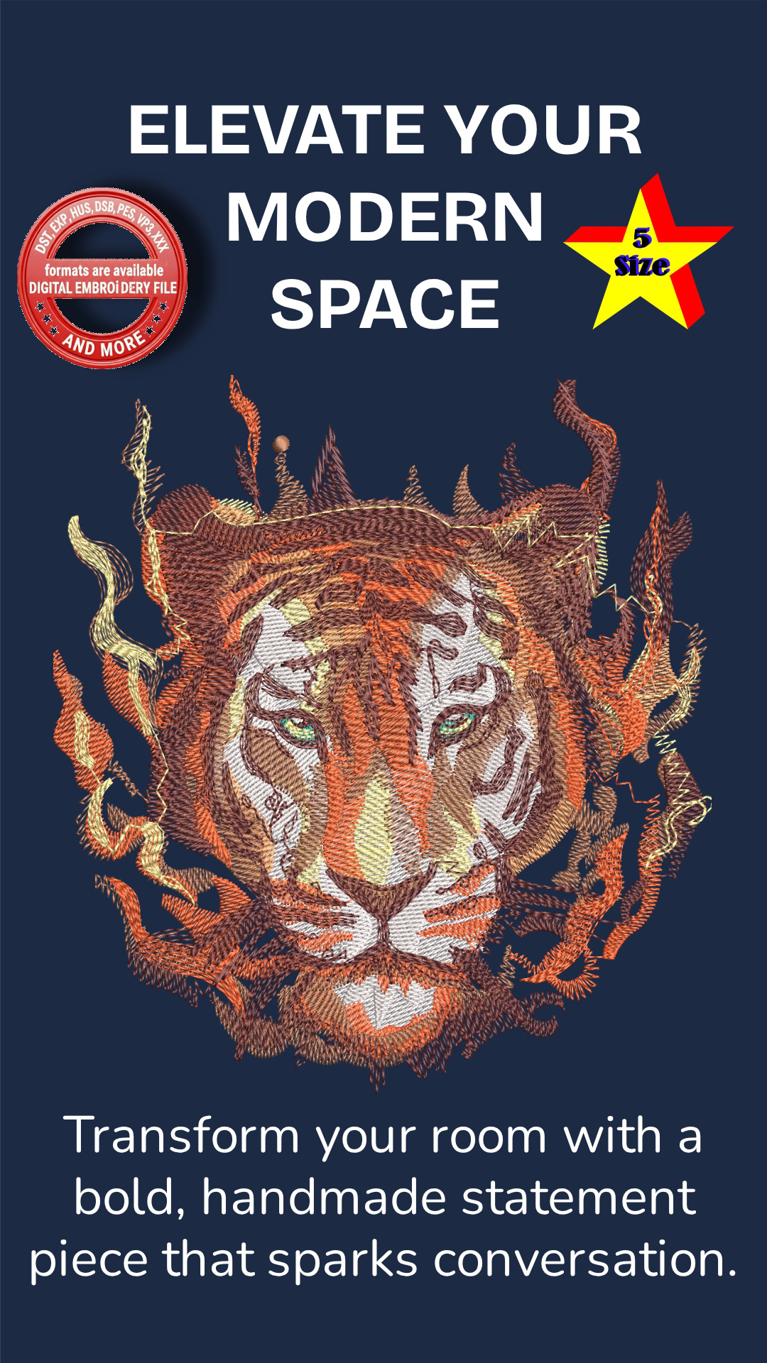 Tiger Embroidery Design | Realistic Tiger Face Machine Embroidery | Wildlife Animal Embroidery | Detailed Tiger Design | 5 Sizes 8 Formats | 7 Colors - Image 9
