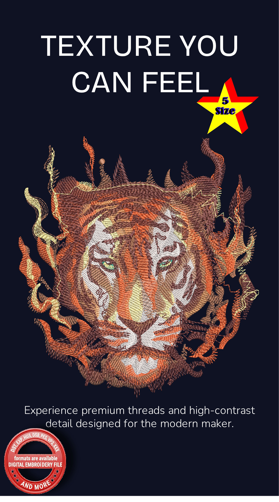 Tiger Embroidery Design | Realistic Tiger Face Machine Embroidery | Wildlife Animal Embroidery | Detailed Tiger Design | 5 Sizes 8 Formats | 7 Colors - Image 10