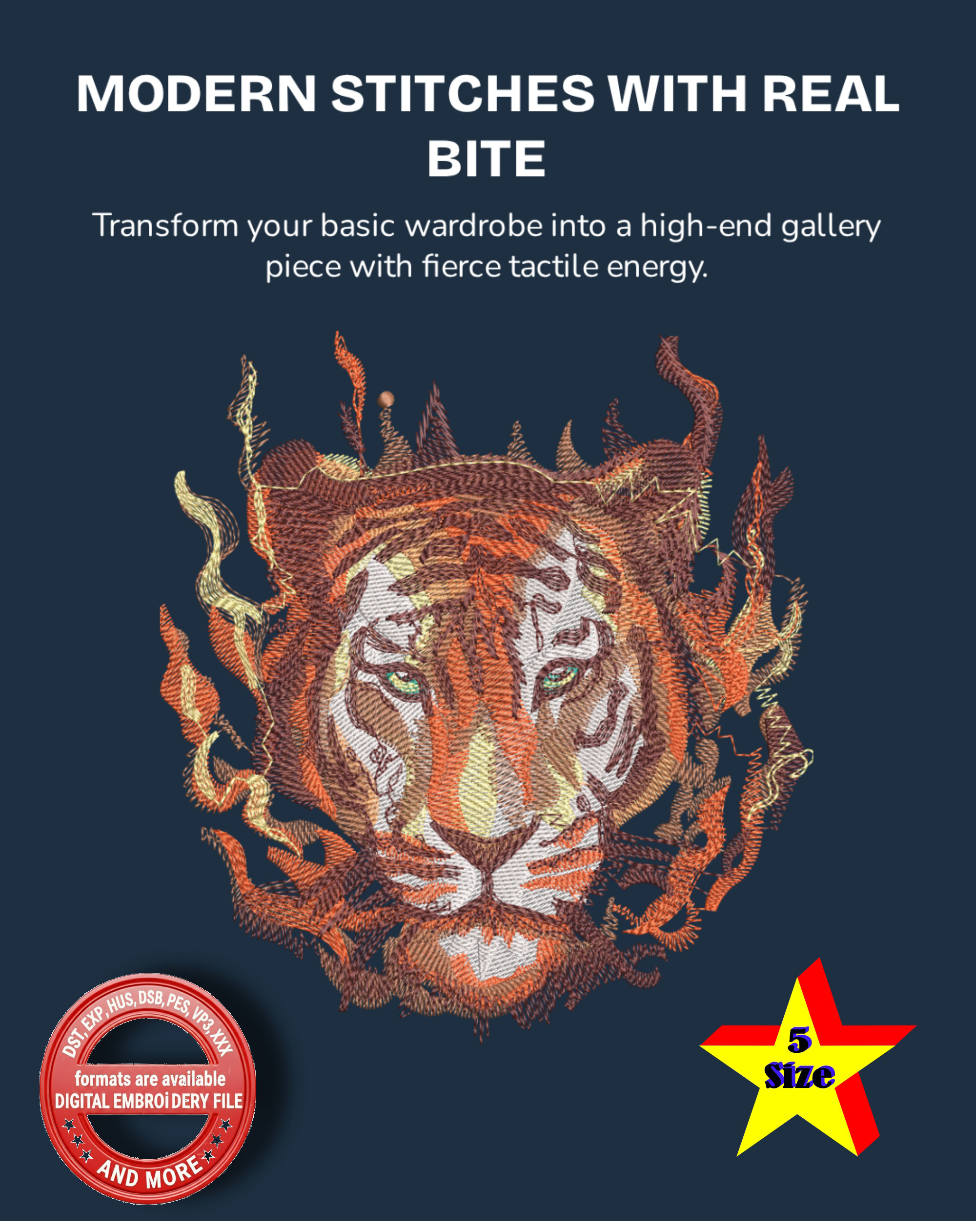 Tiger Embroidery Design | Realistic Tiger Face Machine Embroidery | Wildlife Animal Embroidery | Detailed Tiger Design | 5 Sizes 8 Formats | 7 Colors - Image 11