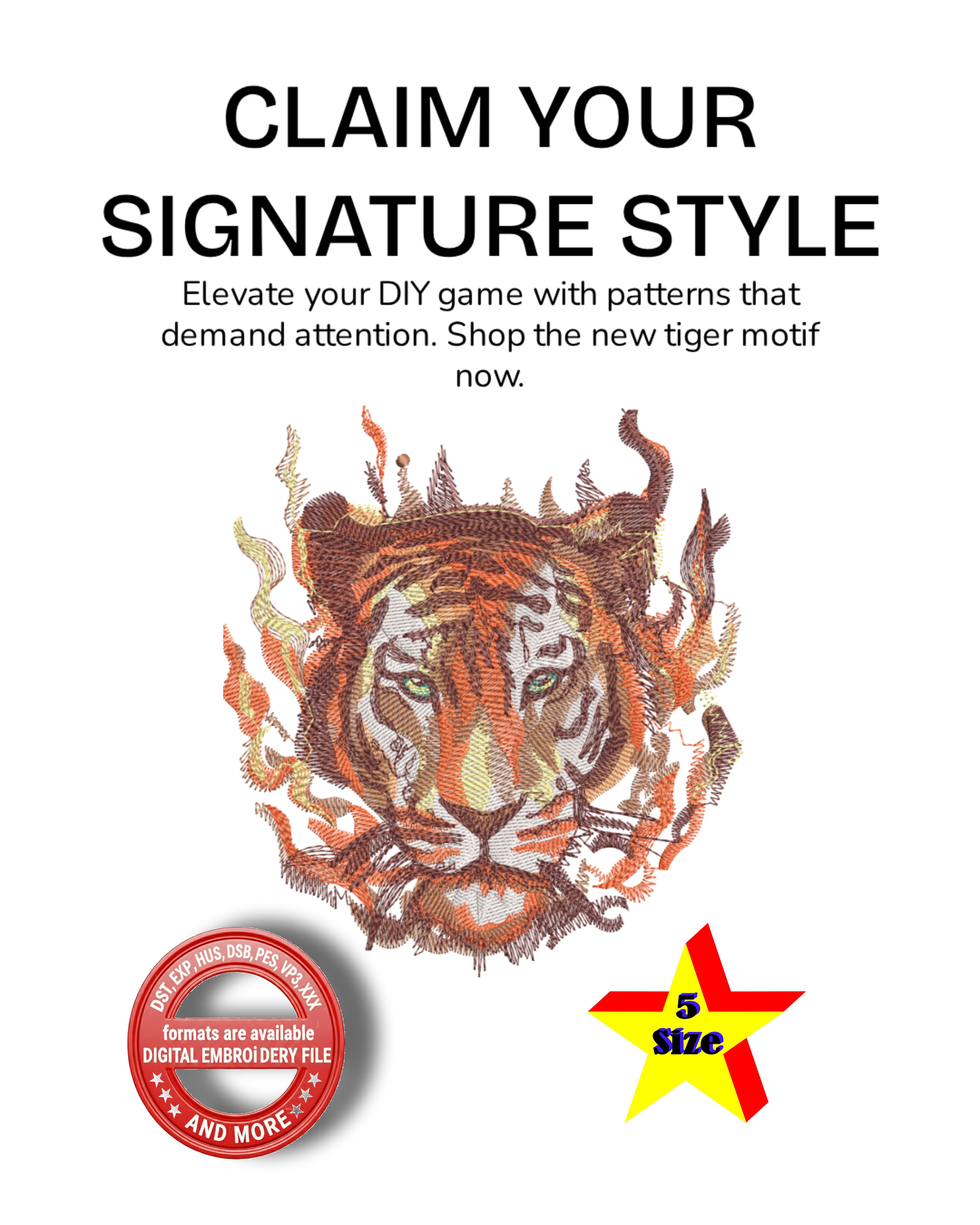 Tiger Embroidery Design | Realistic Tiger Face Machine Embroidery | Wildlife Animal Embroidery | Detailed Tiger Design | 5 Sizes 8 Formats | 7 Colors - Image 12