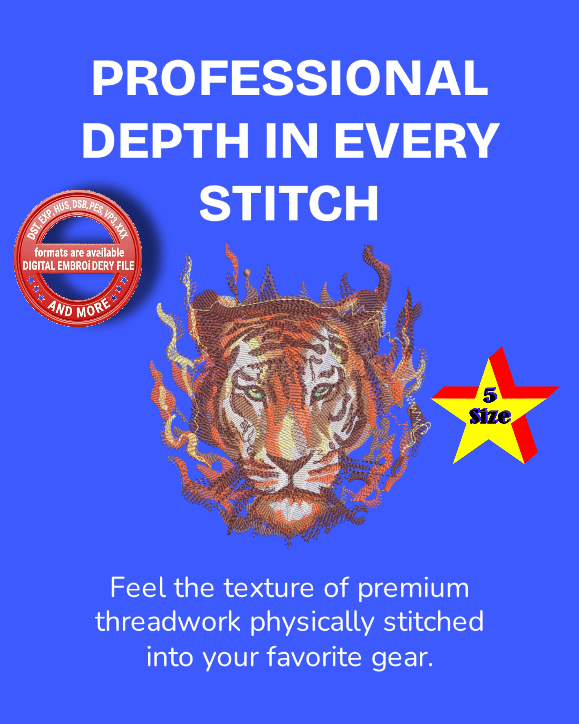 Tiger Embroidery Design | Realistic Tiger Face Machine Embroidery | Wildlife Animal Embroidery | Detailed Tiger Design | 5 Sizes 8 Formats | 7 Colors - Image 13